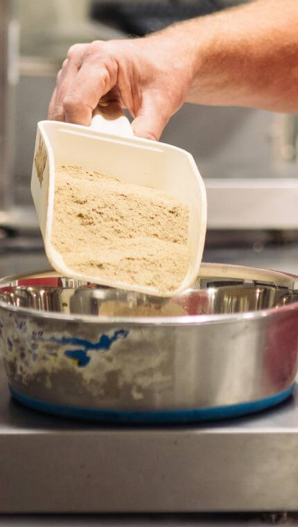 Membre de l’équipe de recherche du Centre mondial de nutrition animale de Hill’s pesant la nourriture pour animaux